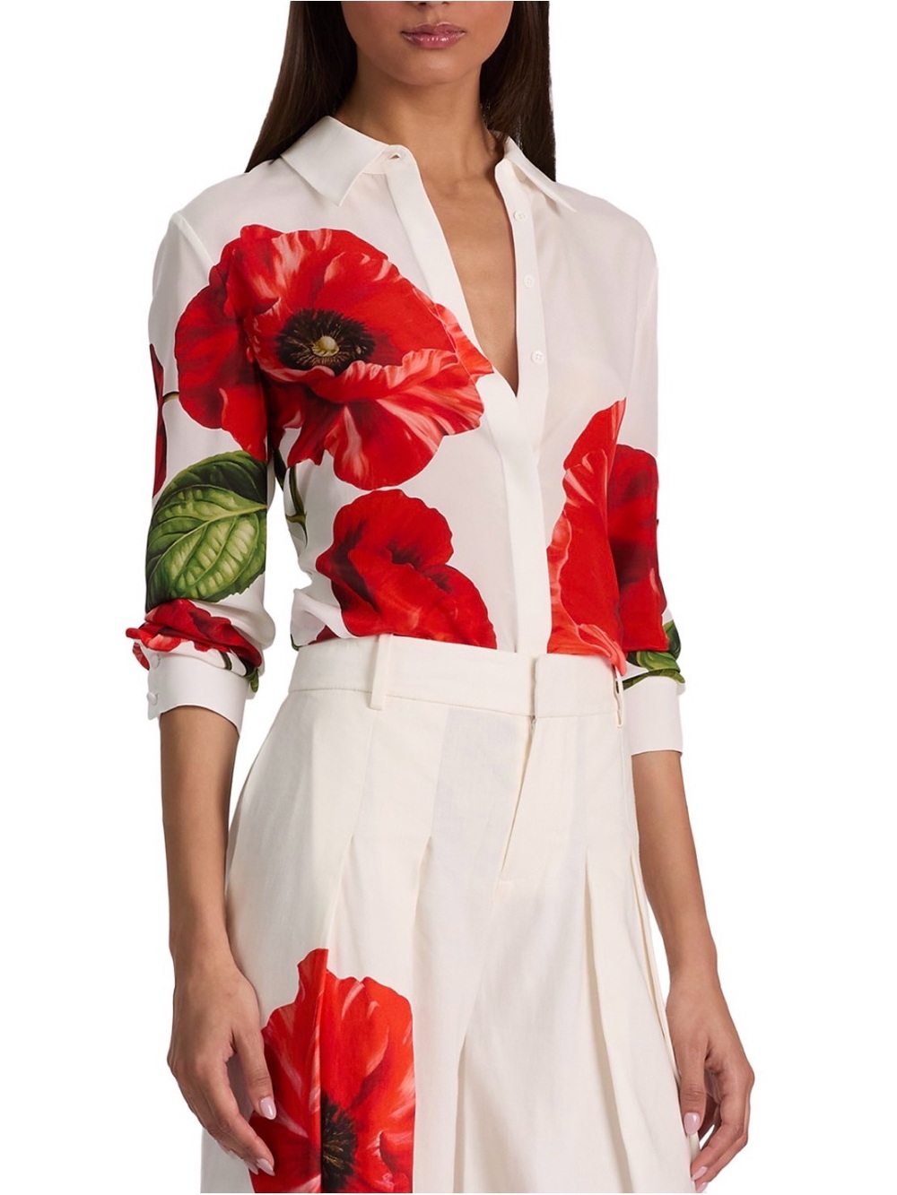Alice + Olivia Willa Silk Poppy Floral Button Down Blouse | SIZE M